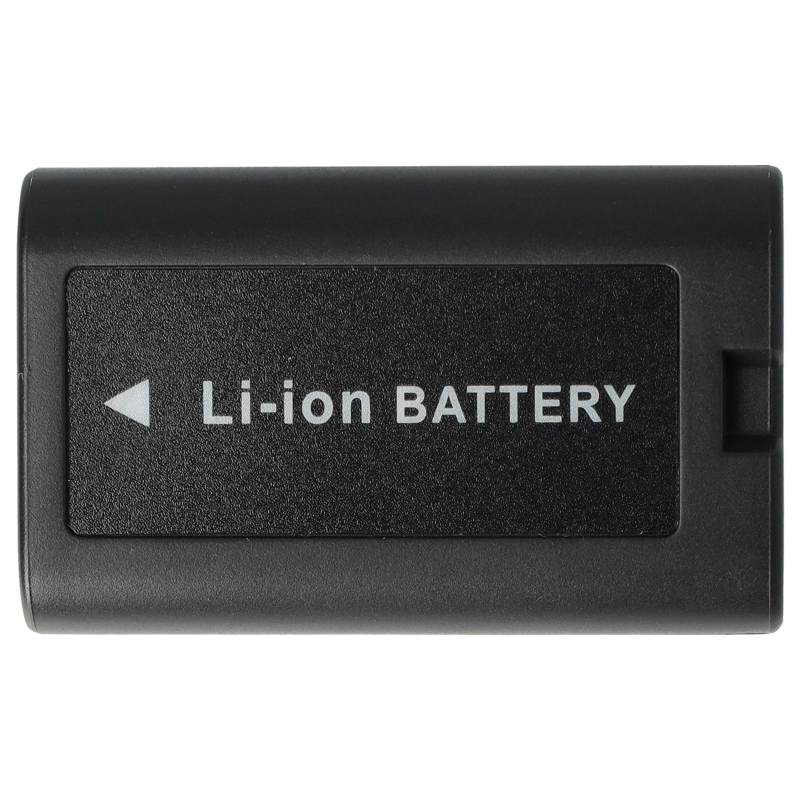 Eine schwarze Li-Ionen-Batterie mit Text. Die Batterie ist rechteckig.
