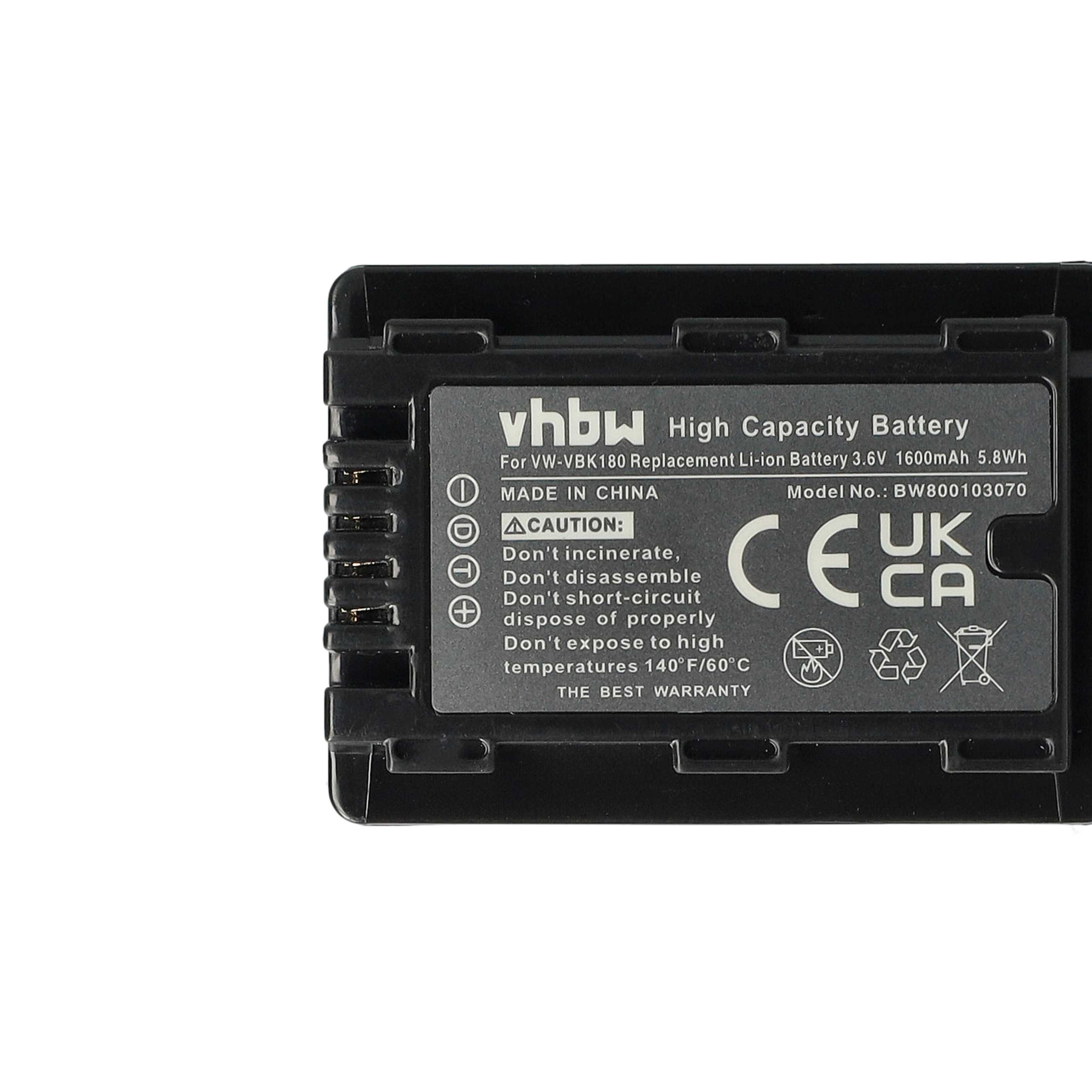 Eine schwarze Batterie mit Text. Der Text enthält die Marke vhbw und Warnhinweise. Sie hat UKCA- und CE-Kennzeichen.