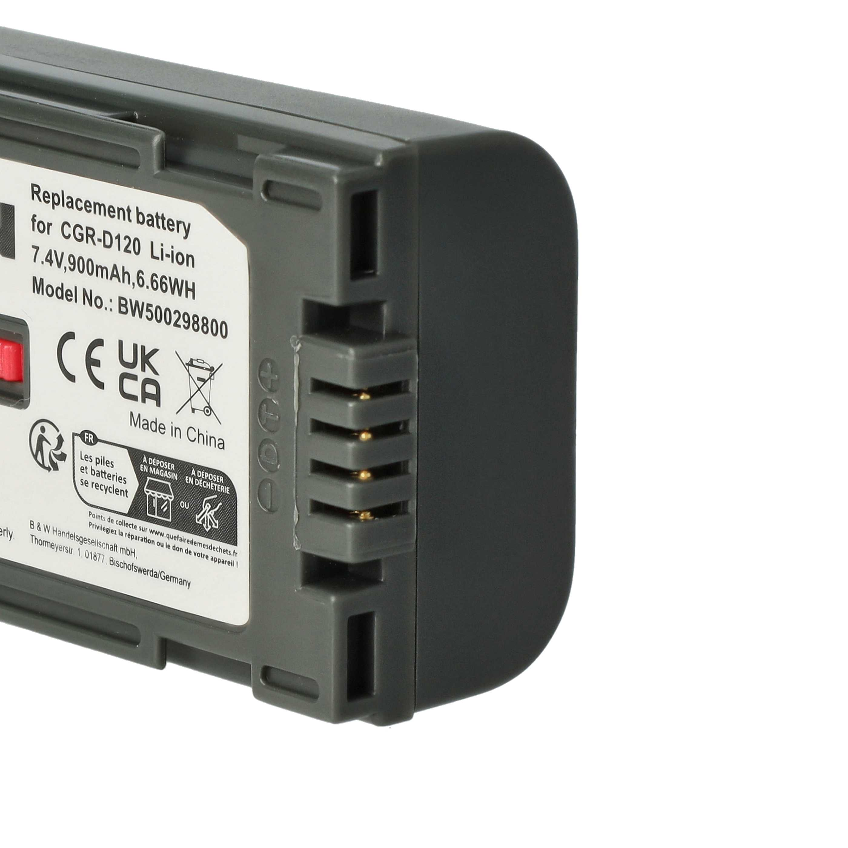 Ersatzbatterie mit Text auf dem Etikett. Dunkelgrau. Weißer Hintergrund.