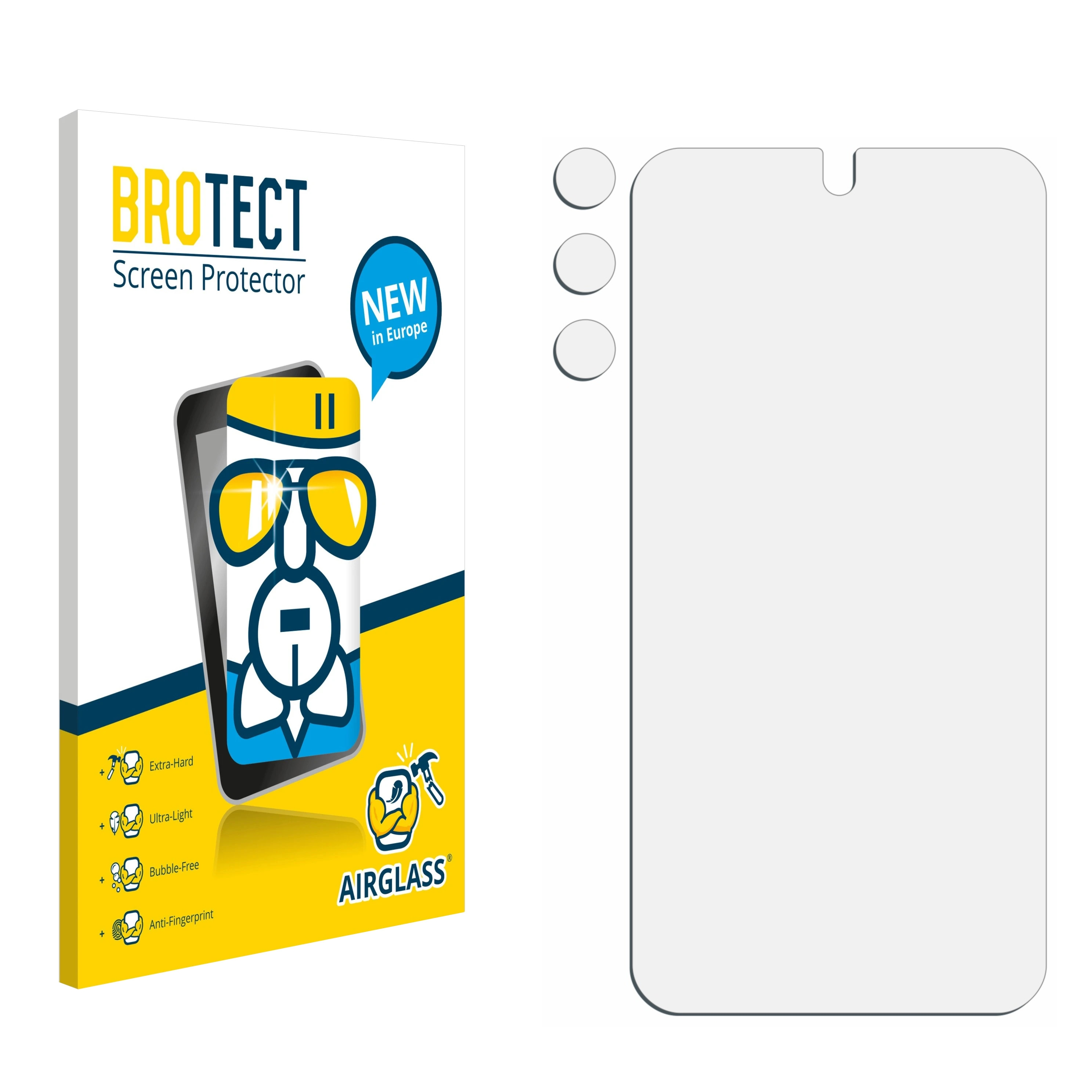 Eine Displayschutzfolienbox und drei klare Displayschutzfolien. Die Box zeigt ein Telefon mit Brille und Text.