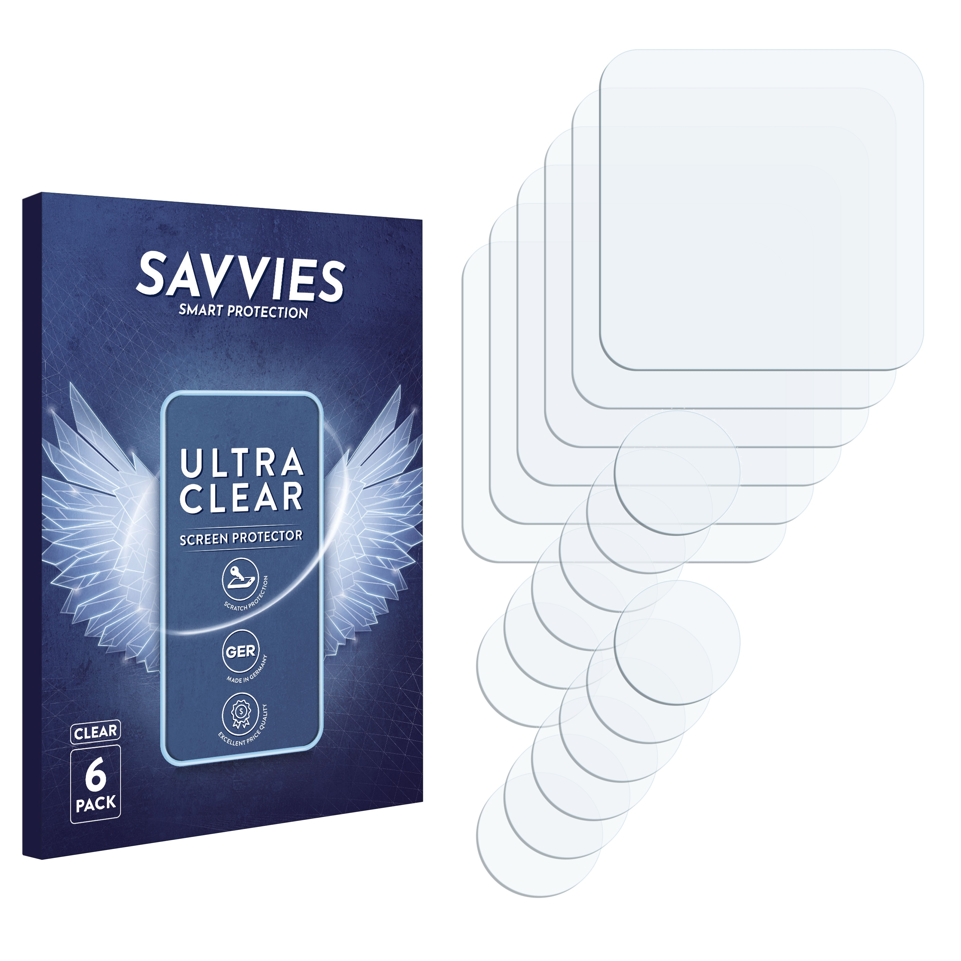 Verpackung mit Displayschutzfolie und mehrere klare Schutzfolien in verschiedenen Formen auf weißem Hintergrund.