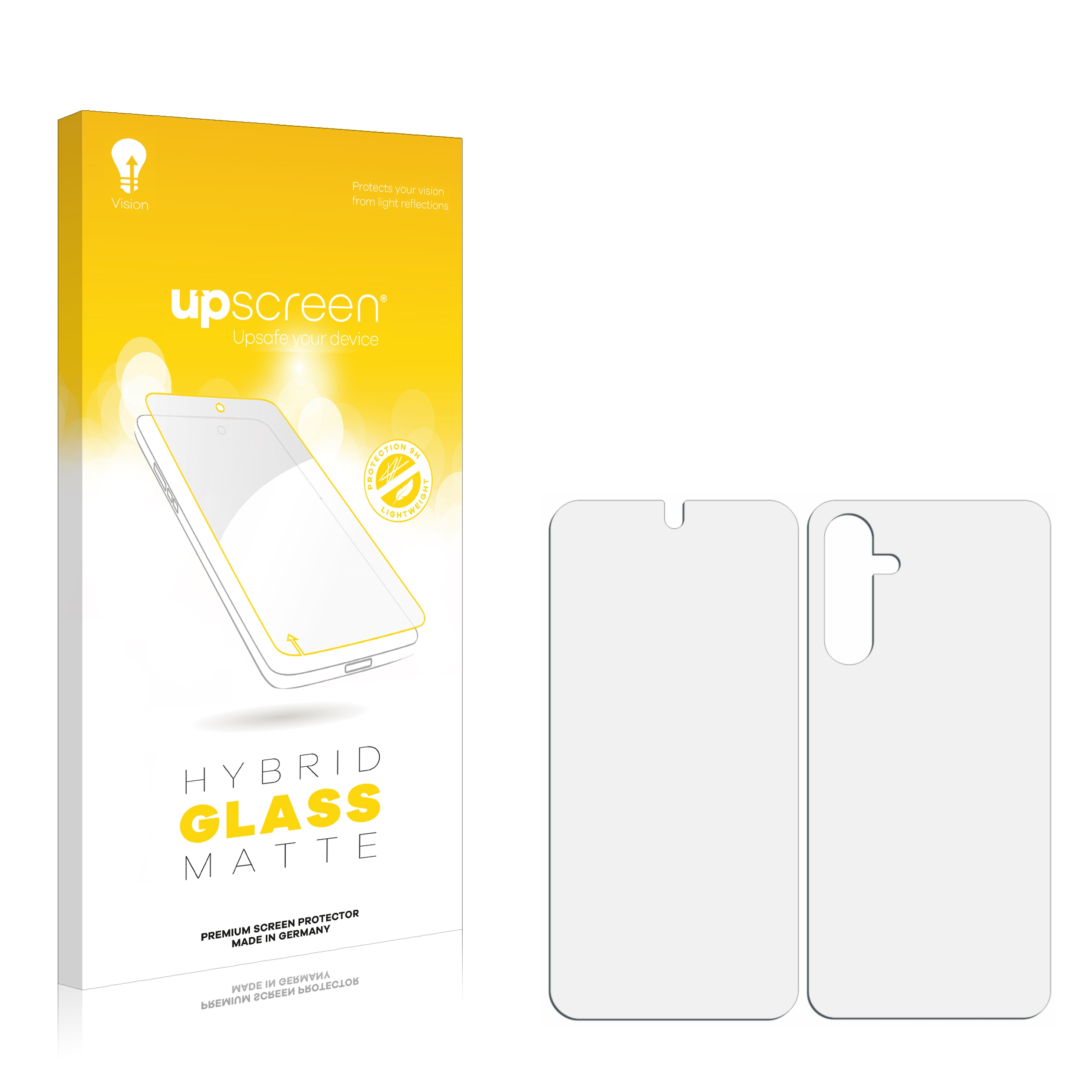 Gelbe Box mit Displayschutzfolienpackung und 2 klaren Displayschutzfolien. Marke Upscreen, Hybridglas, matt.