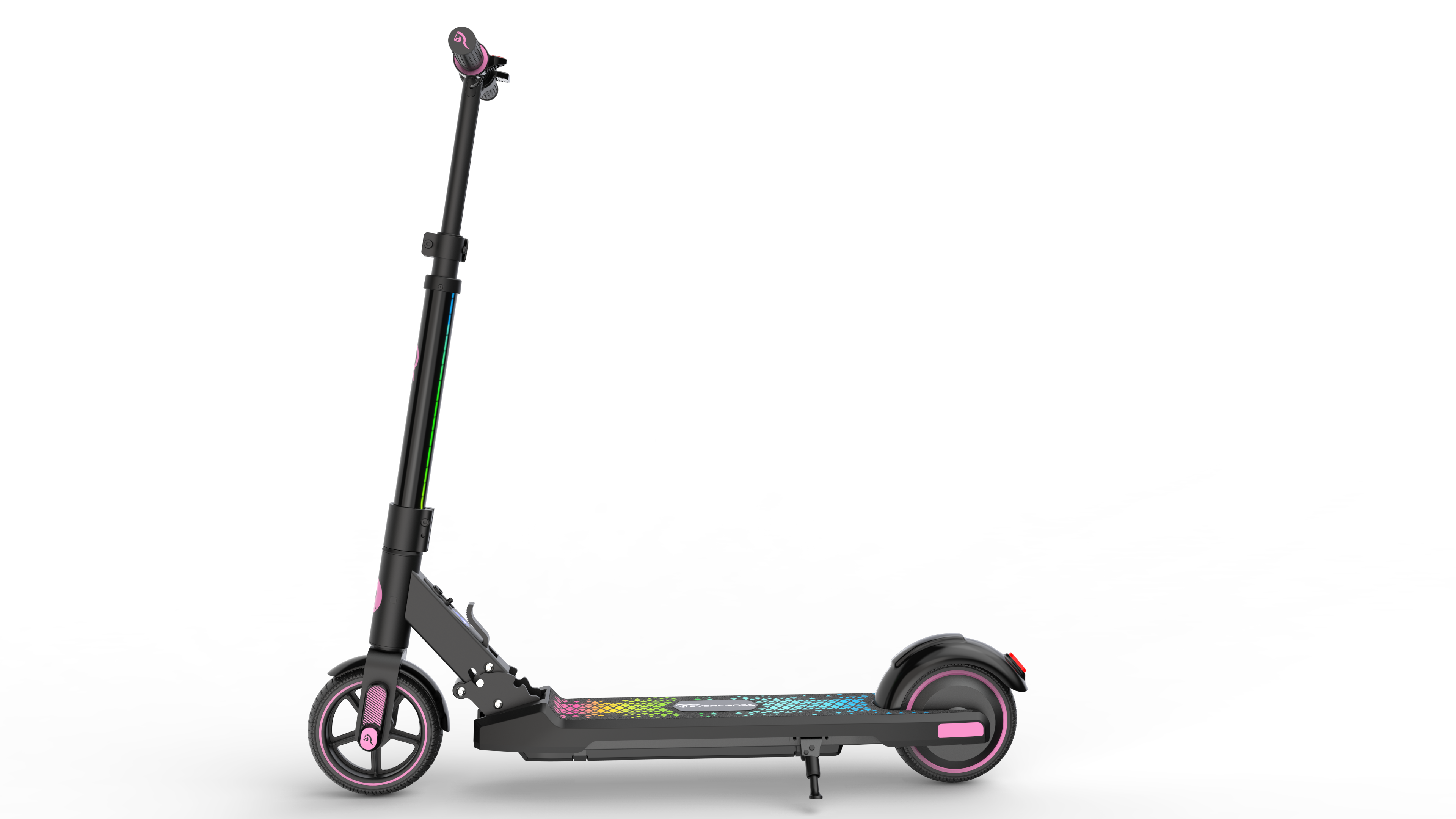 Schwarzer Elektroroller mit rosa Akzenten und Regenbogenlichtern. Der Hintergrund ist schwarz.