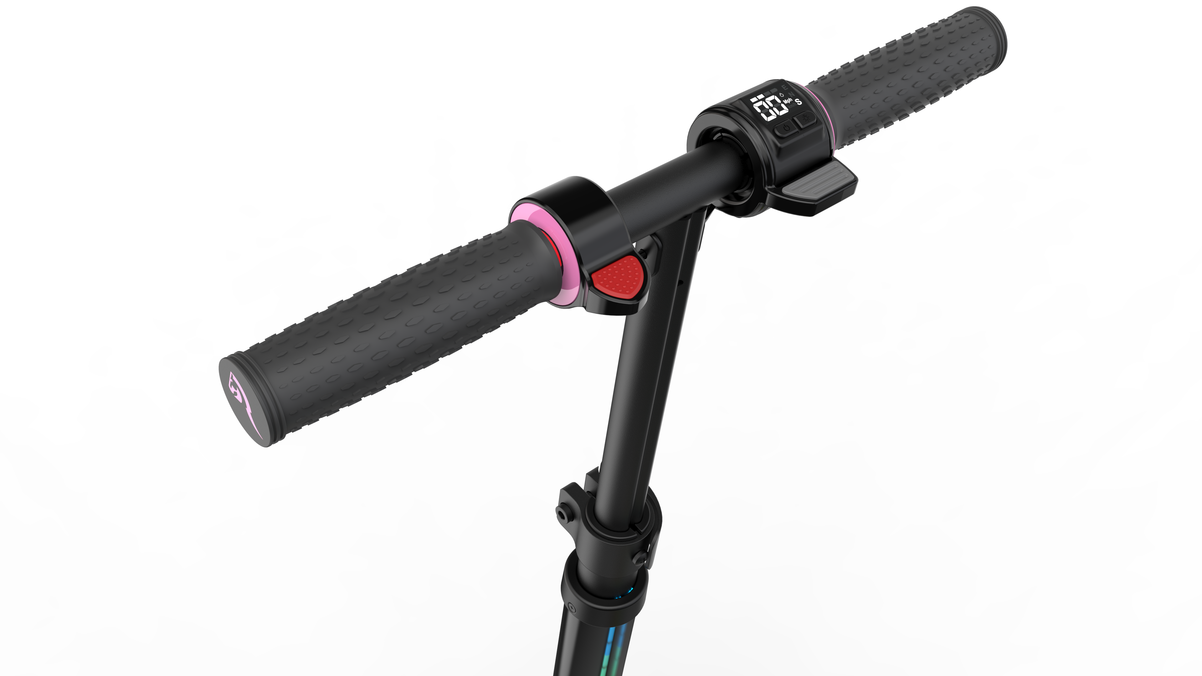 Lenker eines Rollers mit schwarzen Griffen, rosa Akzenten und Digitalanzeige.