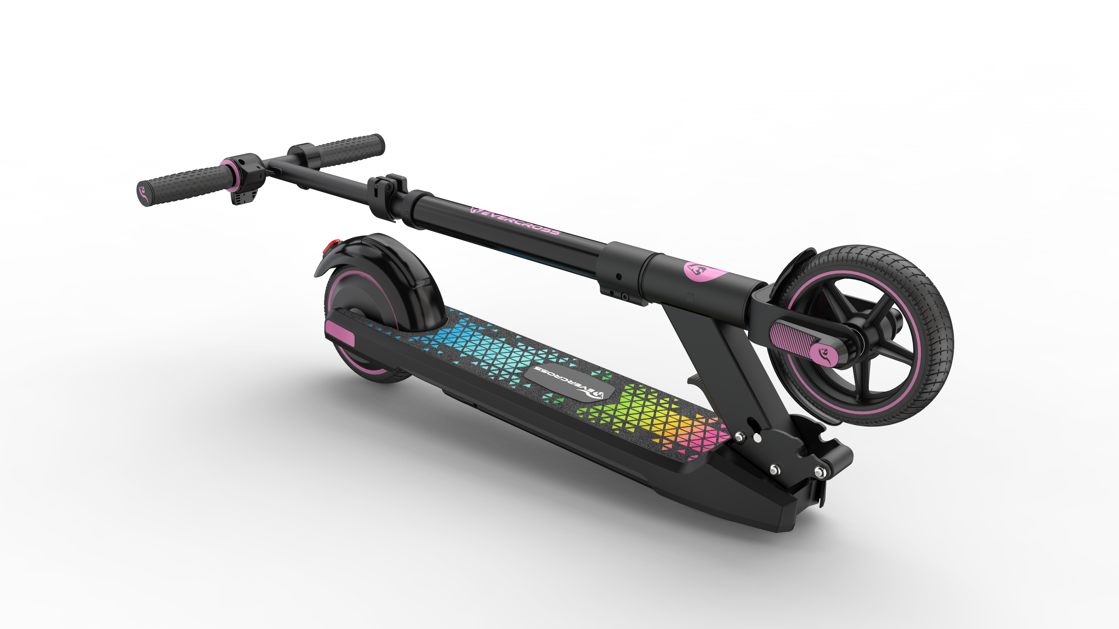 Schwarz-rosa Elektroroller auf grauer Oberfläche. Der Roller steht schräg.