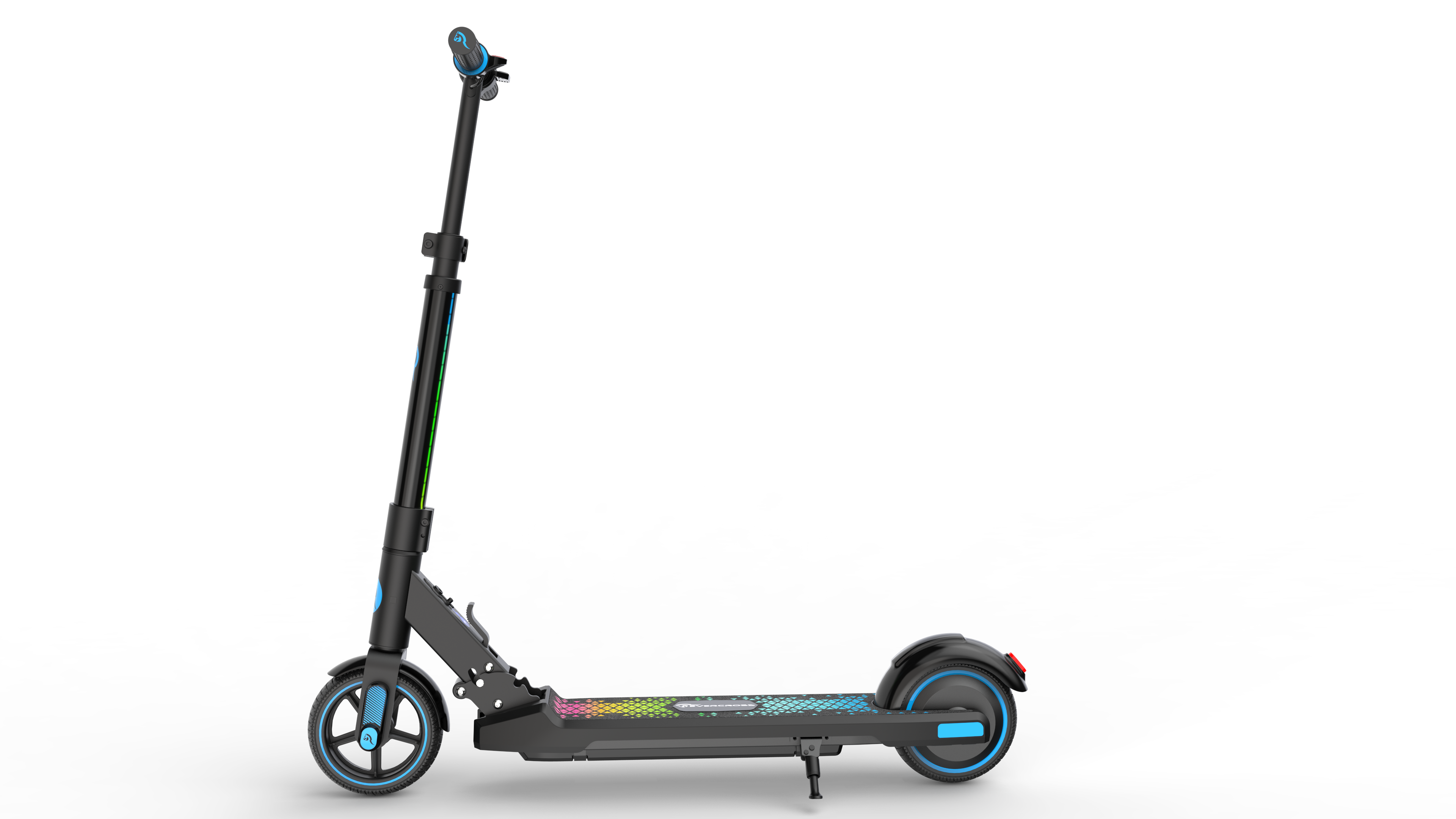 Schwarz-blauer Elektroroller mit Regenbogenlichtern.