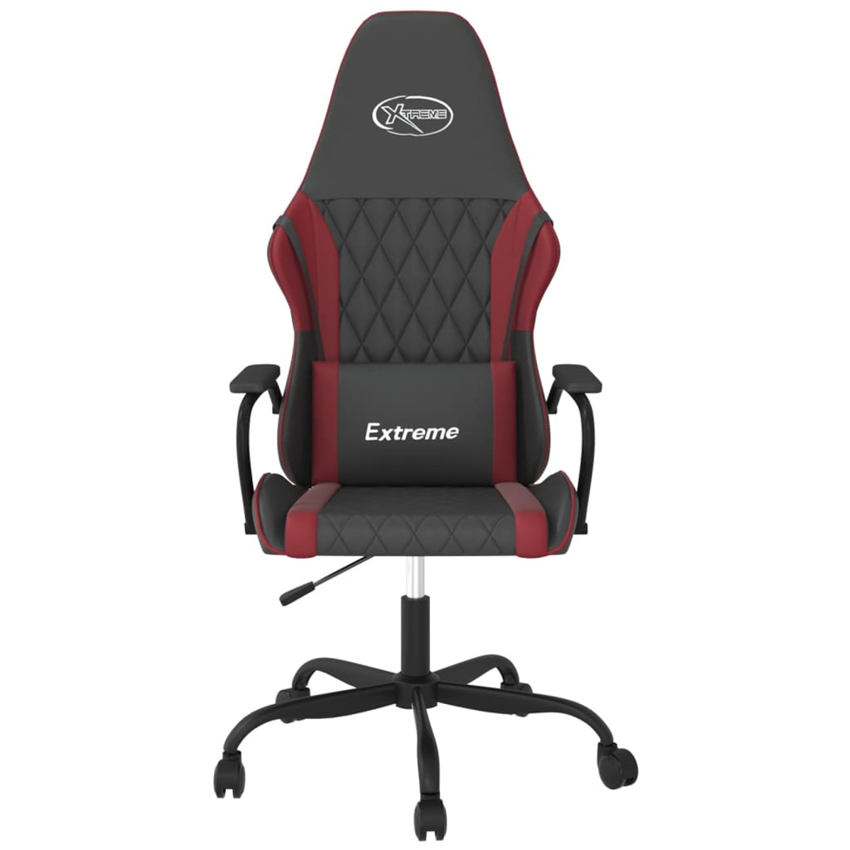 Ein schwarz-roter Gaming-Stuhl. Er hat eine hohe Rückenlehne, Armlehnen und ein sternförmiges Untergestell mit Rollen.