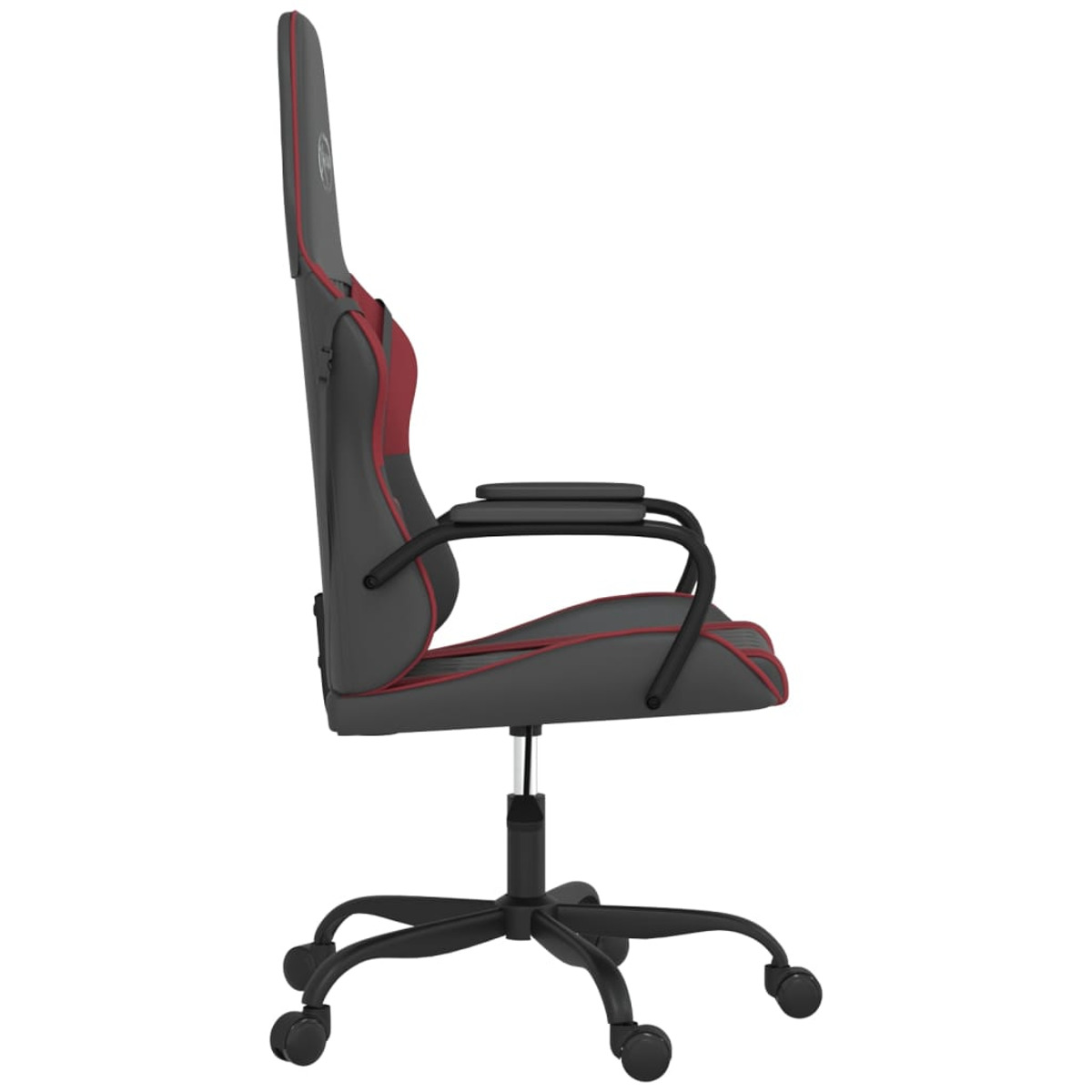 Seitenansicht eines Gaming-Stuhls. Er ist schwarz und rot mit schwarzem Gestell und Rädern.