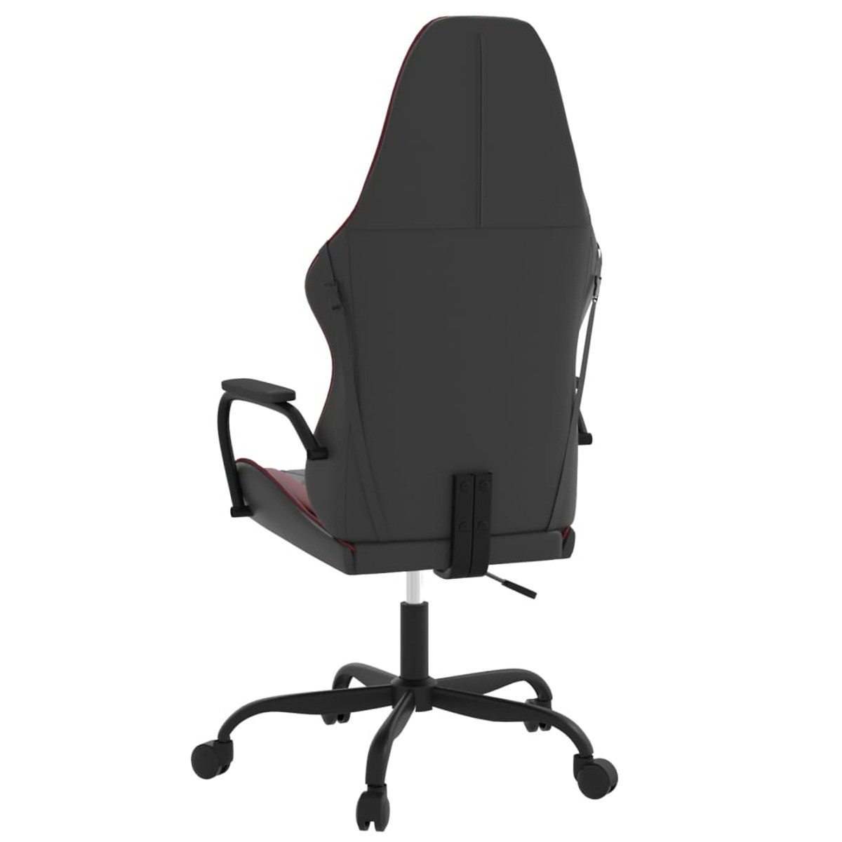 Ein Gaming-Stuhl, Rückansicht, schwarz mit roten Akzenten, auf schwarzer Basis.