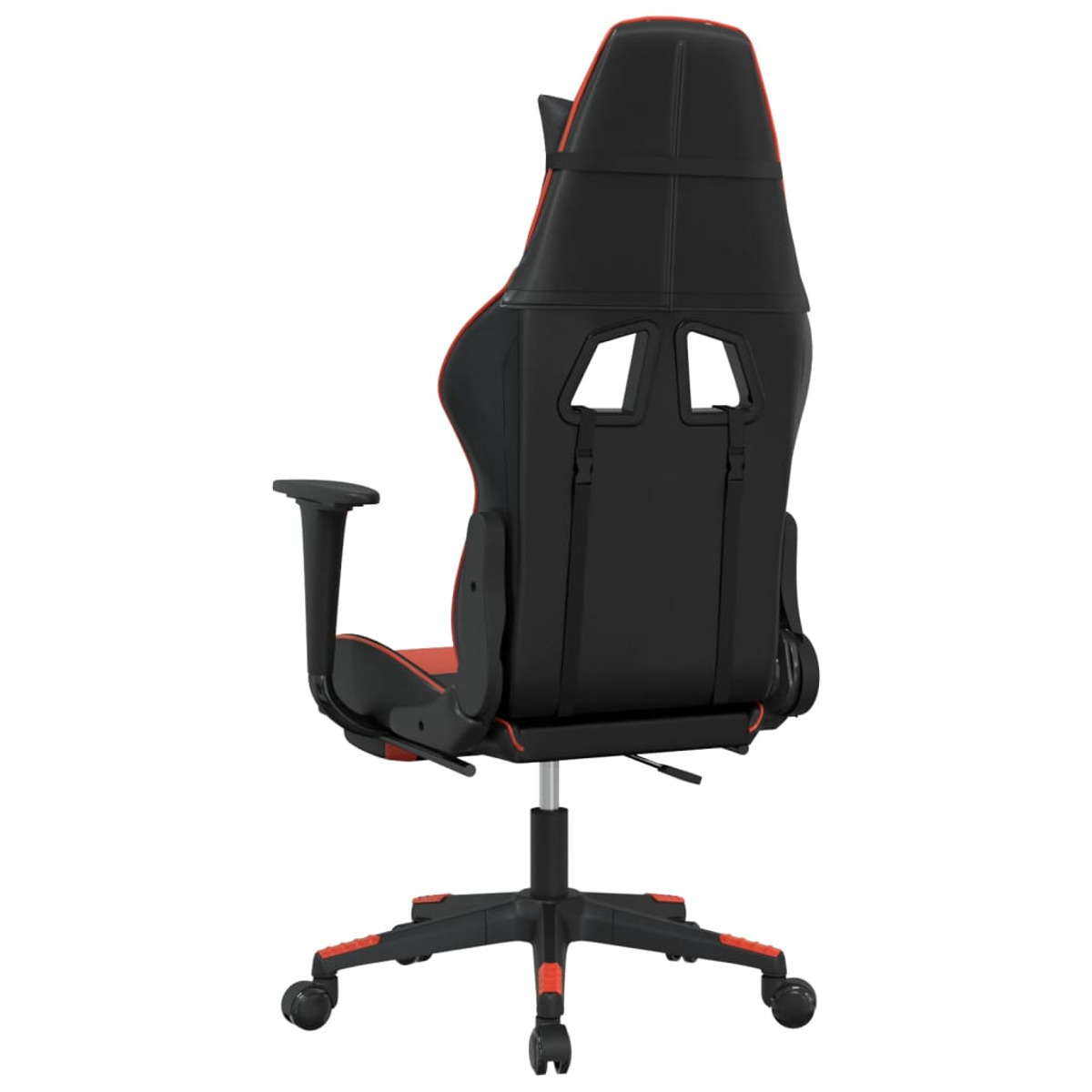 Schwarzer und roter Gaming-Stuhl, Rückansicht. Mit hohem Rücken, ergonomischem Design und schwarzem Untergestell.