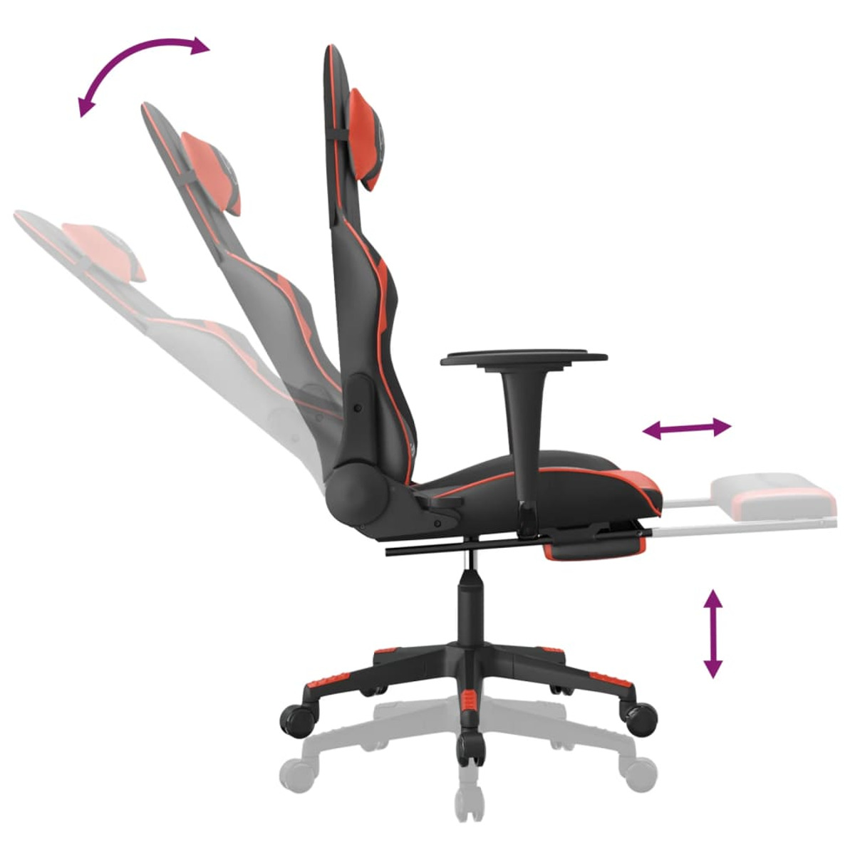 Gaming-Stuhl, schwarz und rot, mit verstellbarer Rückenlehne und Fußstütze, auf weißem Grund.