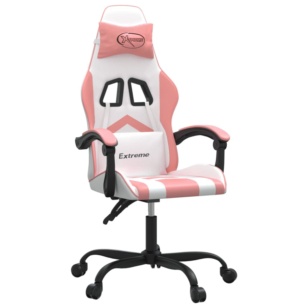 Ein rosa-weißer Gaming-Stuhl mit schwarzem Gestell auf weißem Hintergrund.