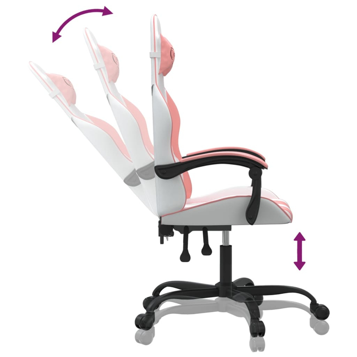 Ein rosa-weißer Gaming-Stuhl mit verstellbarer Höhe und Rückenwinkel.