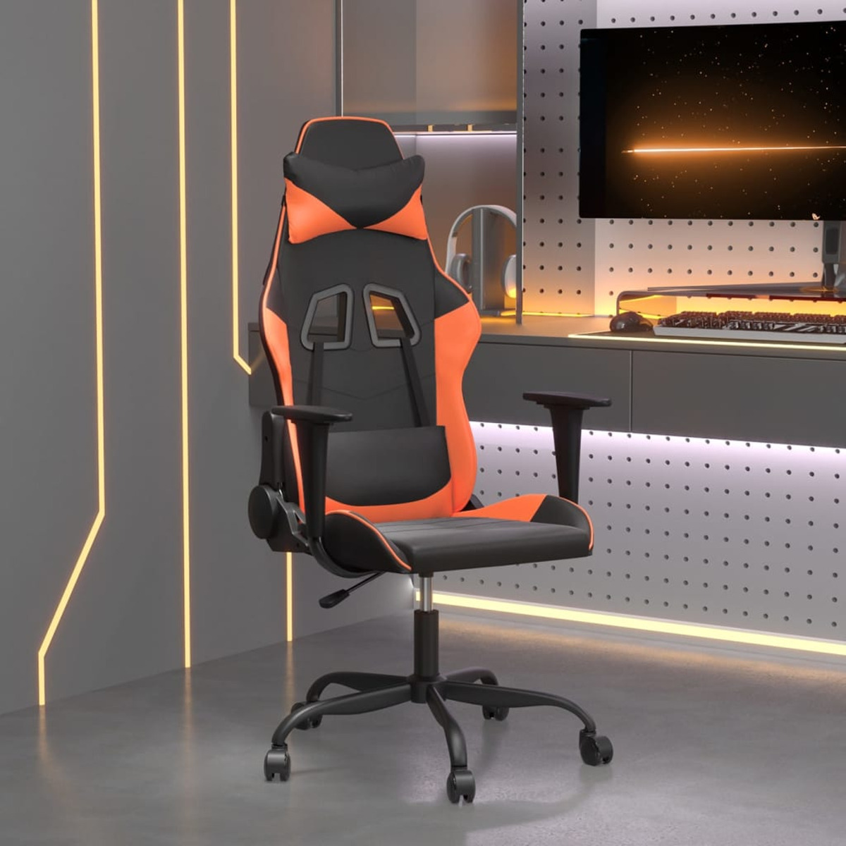 Orangener und schwarzer Gaming-Stuhl in einem Raum mit Neonlichtern. Im Hintergrund ein Bildschirm.