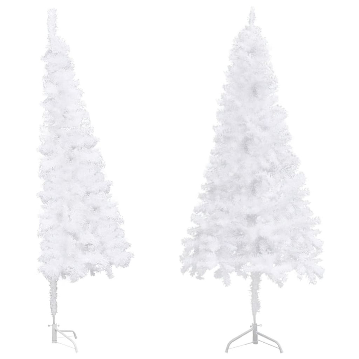 Zwei weiße Weihnachtsbäume. Einer ist schlank, der andere voller. Beide auf Ständern.