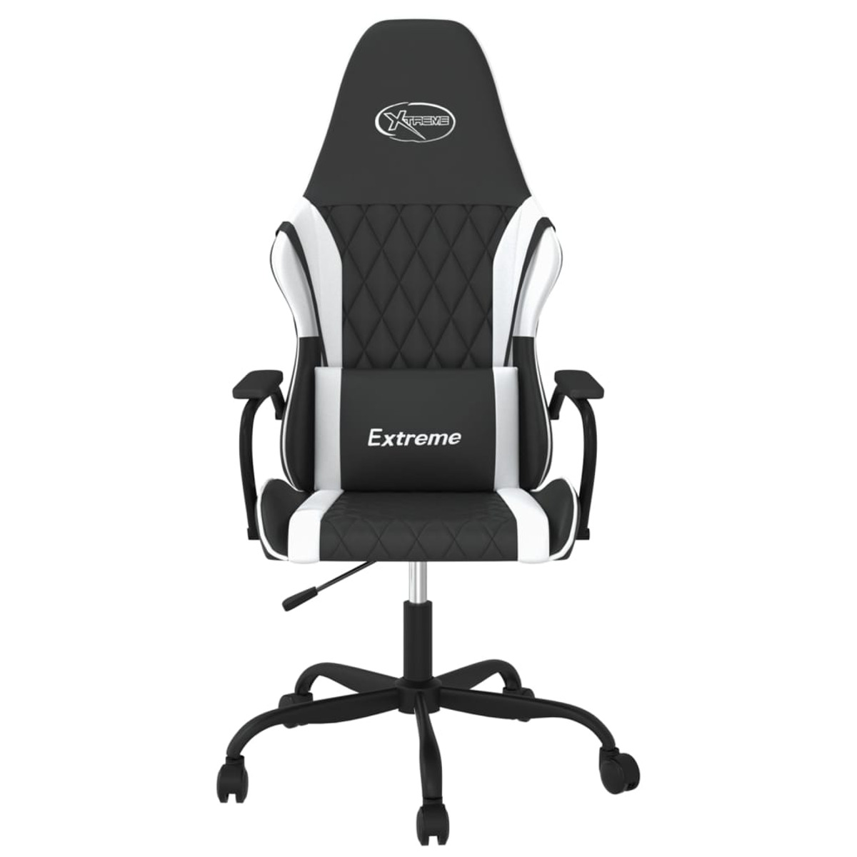 Schwarz-weißer Gaming-Stuhl. Er hat ein schwarzes Gestell, eine weiße Rückenlehne und schwarze Armlehnen.