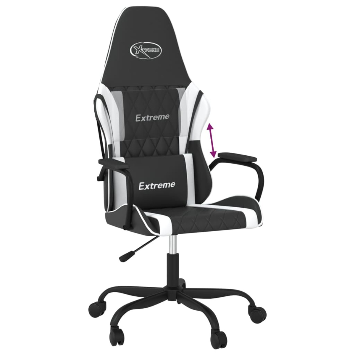 Schwarz-weißer Gaming-Stuhl mit verstellbaren Armlehnen und Kopfstütze. "Extreme"-Logo auf dem Kissen.