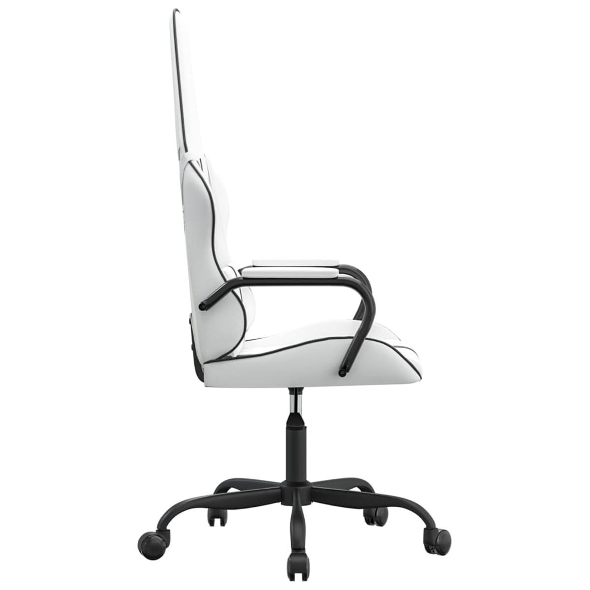 Ein weiß-schwarzer Gaming-Stuhl, Seitenansicht.