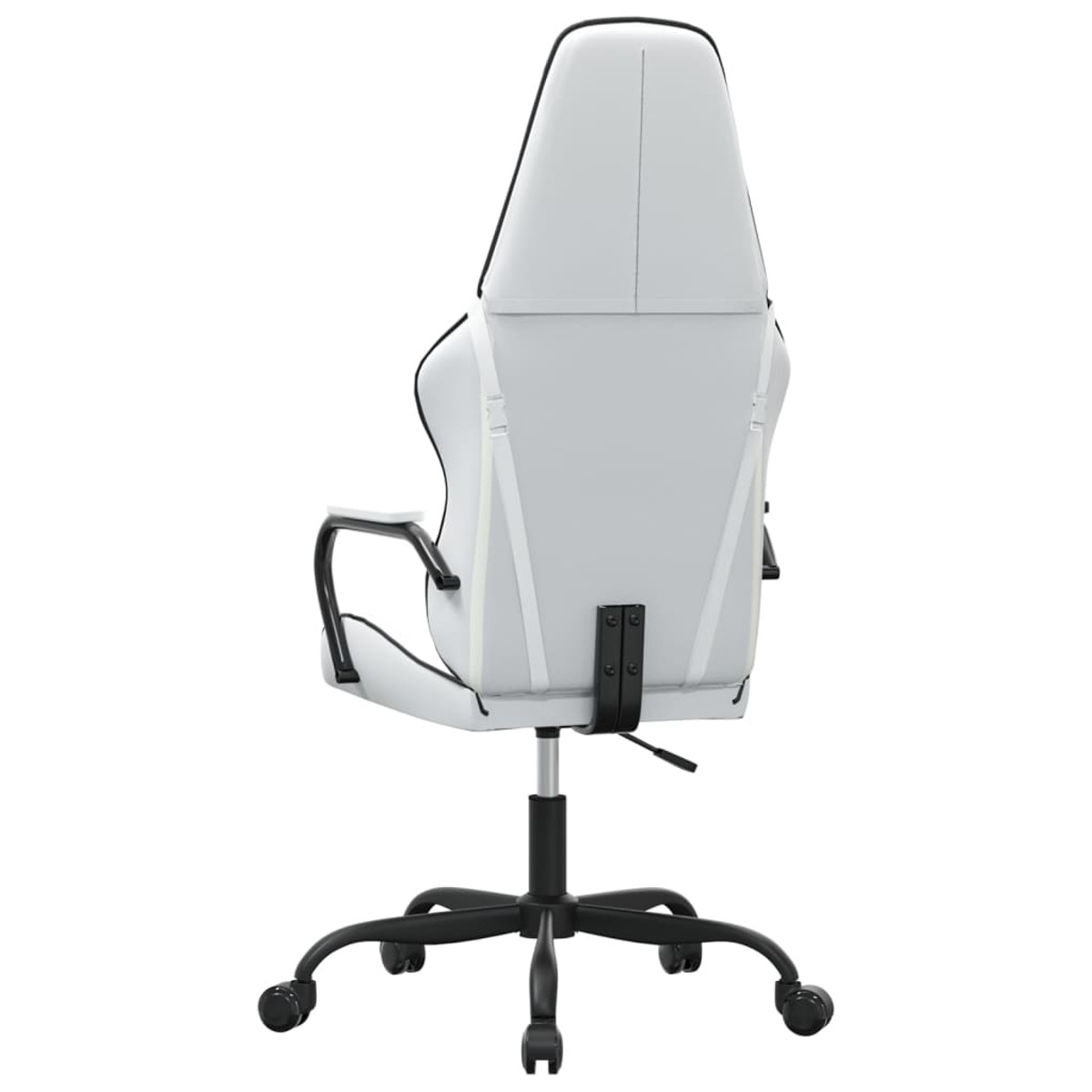 Ein weiß-schwarzer Gaming-Stuhl. Der Rücken ist hoch und hat weiße Träger.