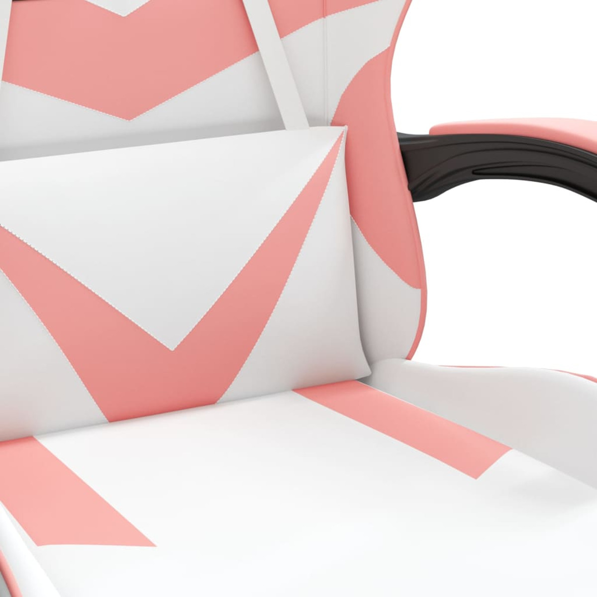 Nahaufnahme eines rosa-weißen Gaming-Stuhls mit Kissen. Weißer Hintergrund.