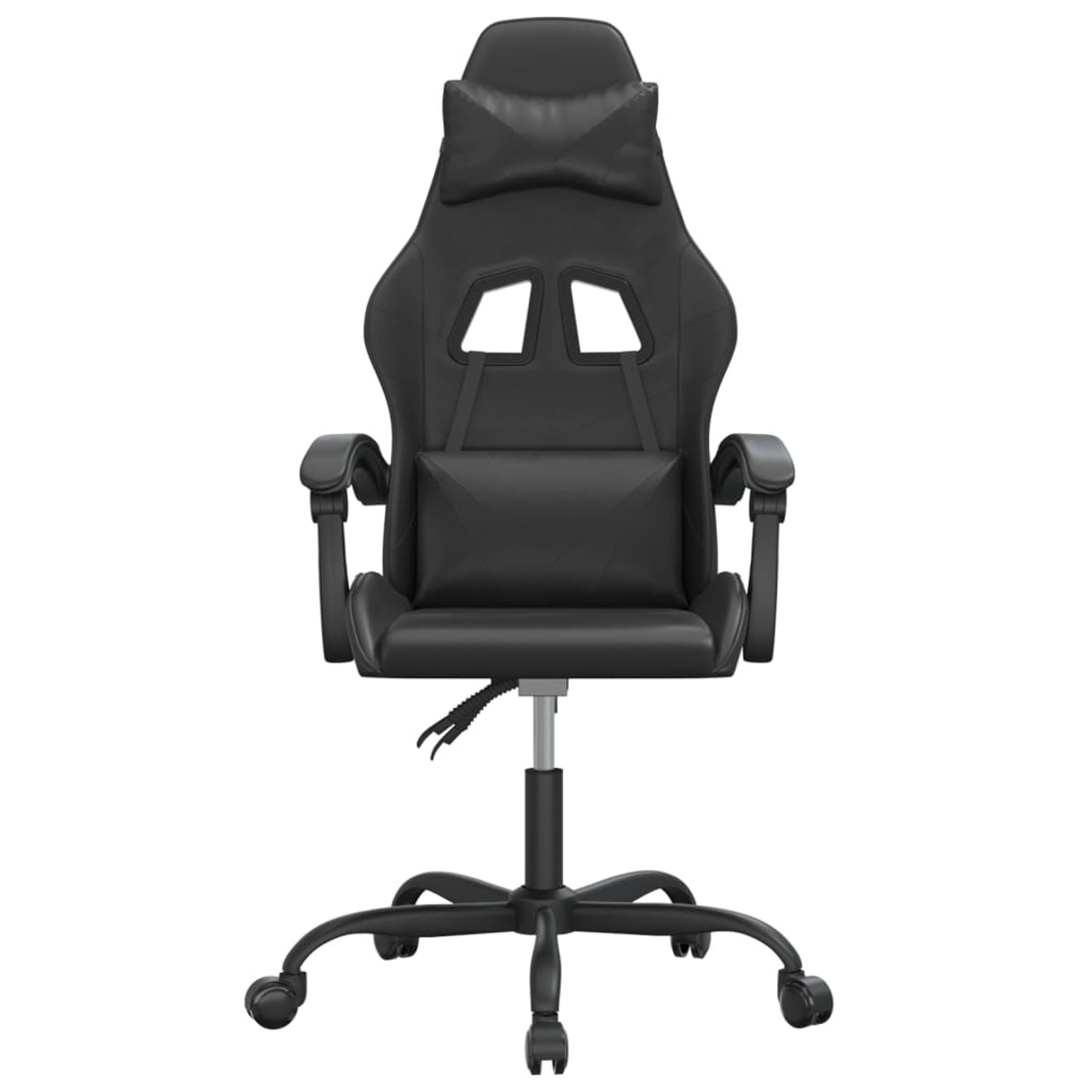 Schwarzer Gaming-Stuhl mit Kopfstütze, Lendenwirbelstütze, Armlehnen und Fünf-Rollen-Fuß. Weißer Hintergrund.