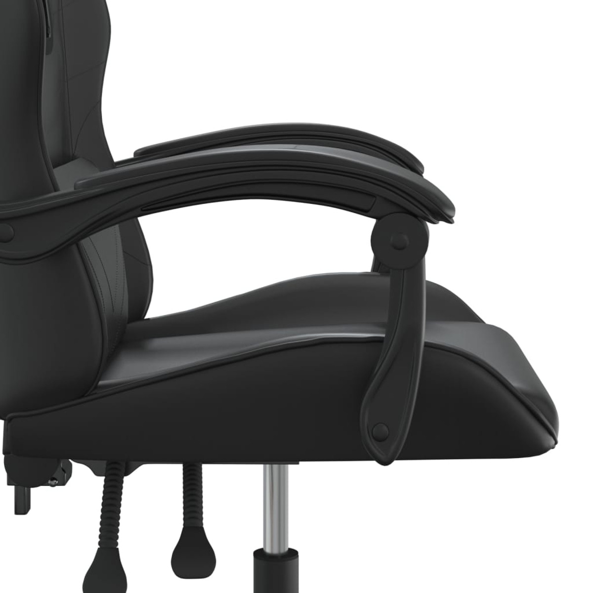 Nahaufnahme einer schwarzen Gaming-Stuhllehne. Die Armlehne ist gebogen und mit dem Stuhl verbunden.