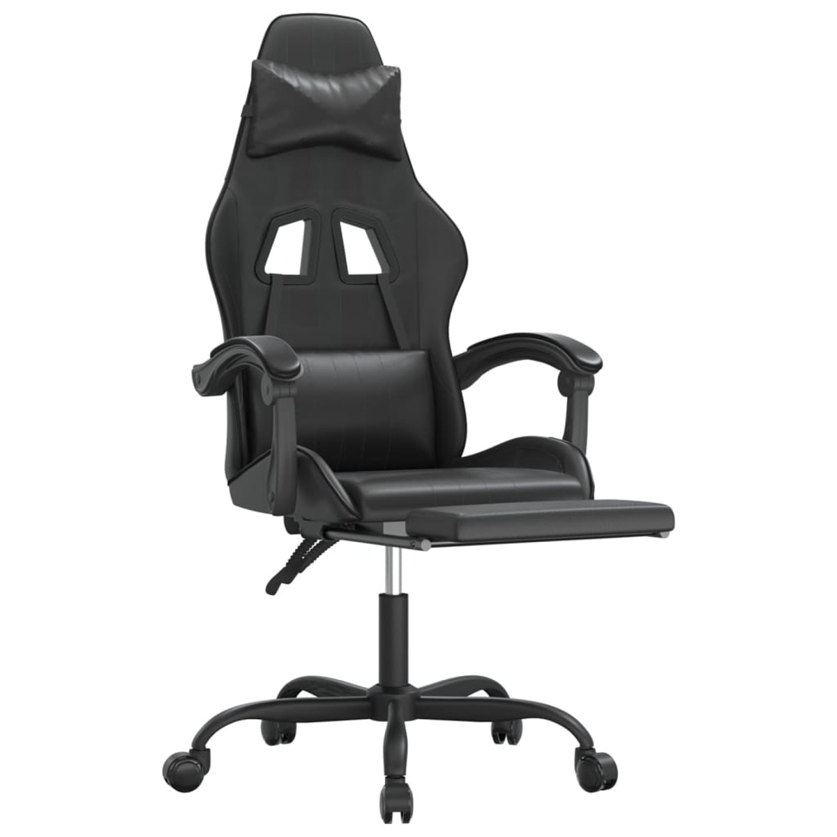 Vorderansicht eines schwarzen Gaming-Stuhls mit Kopfstütze, Armlehnen, Fußstütze und Rädern.