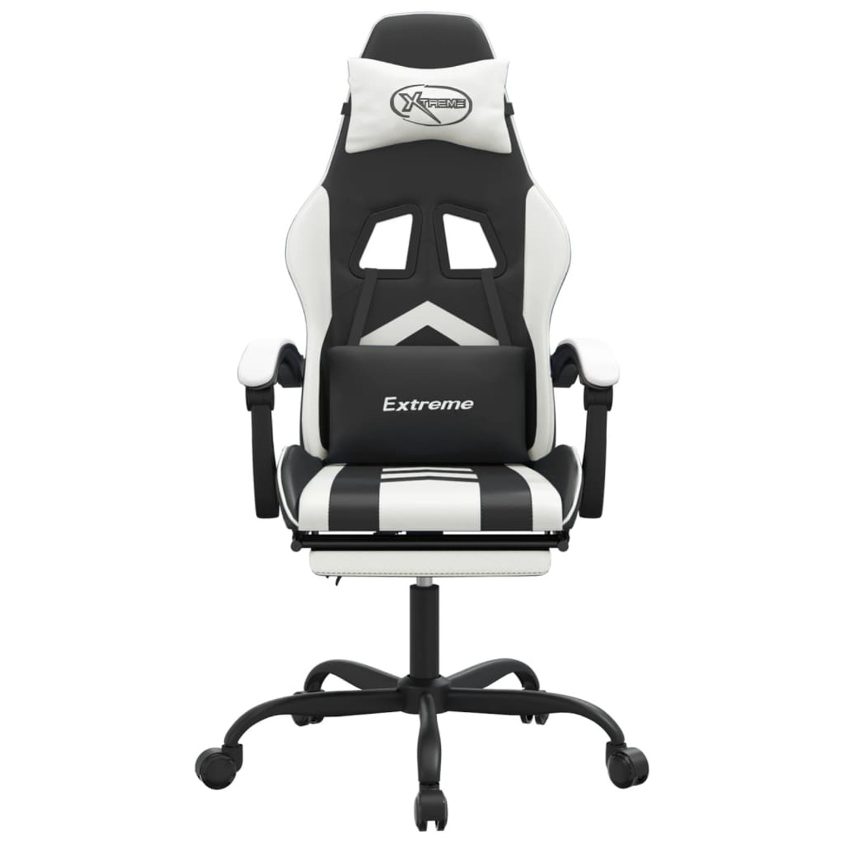 Gaming-Stuhl, weiß und schwarz. Der Stuhl hat eine Kopfstütze, Rückenlehne und Sitz mit Armlehnen.