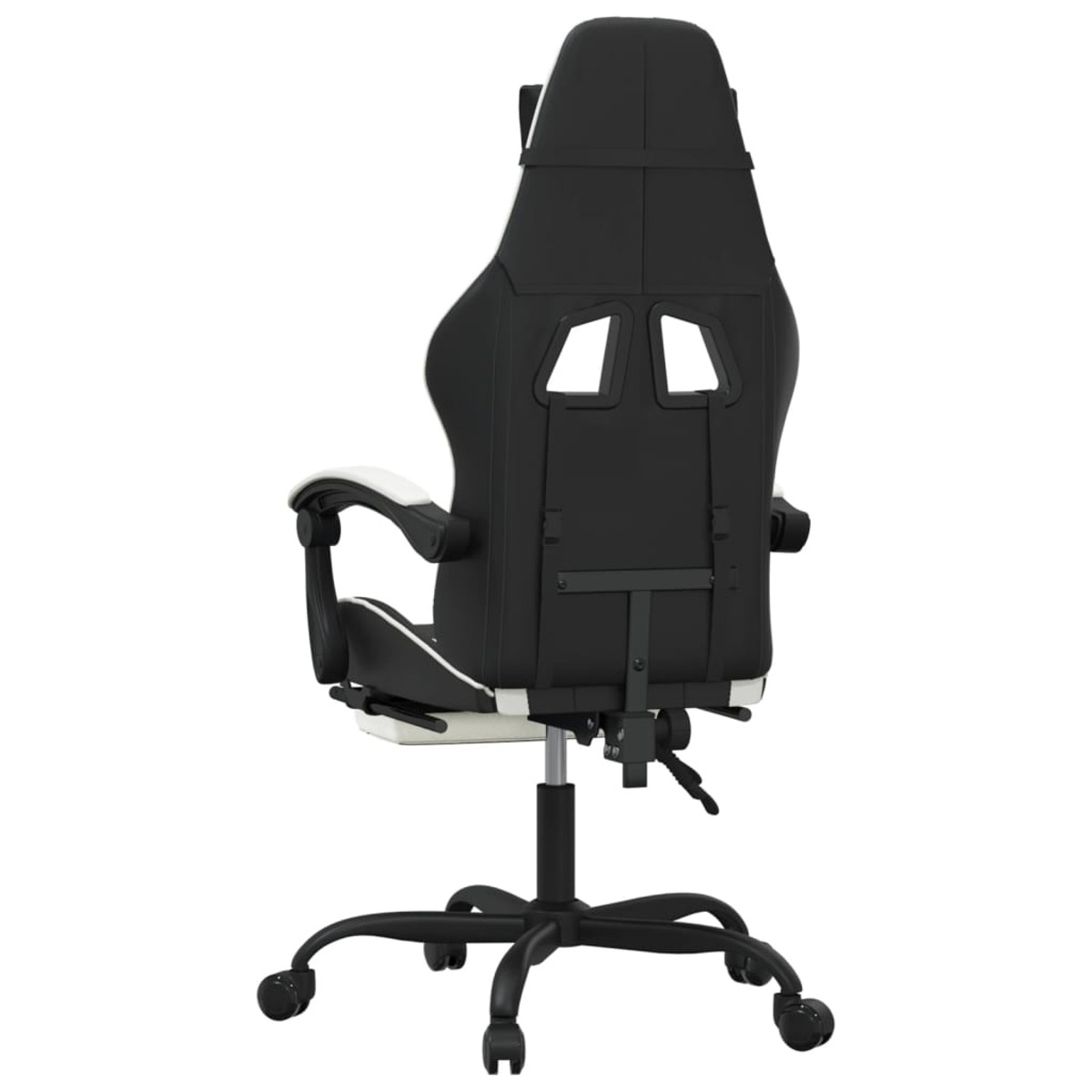 Ein schwarz-weißer Gaming-Stuhl von hinten. Der Stuhl hat ein schwarzes Gestell mit Rollen und eine weiße Kopfstütze.