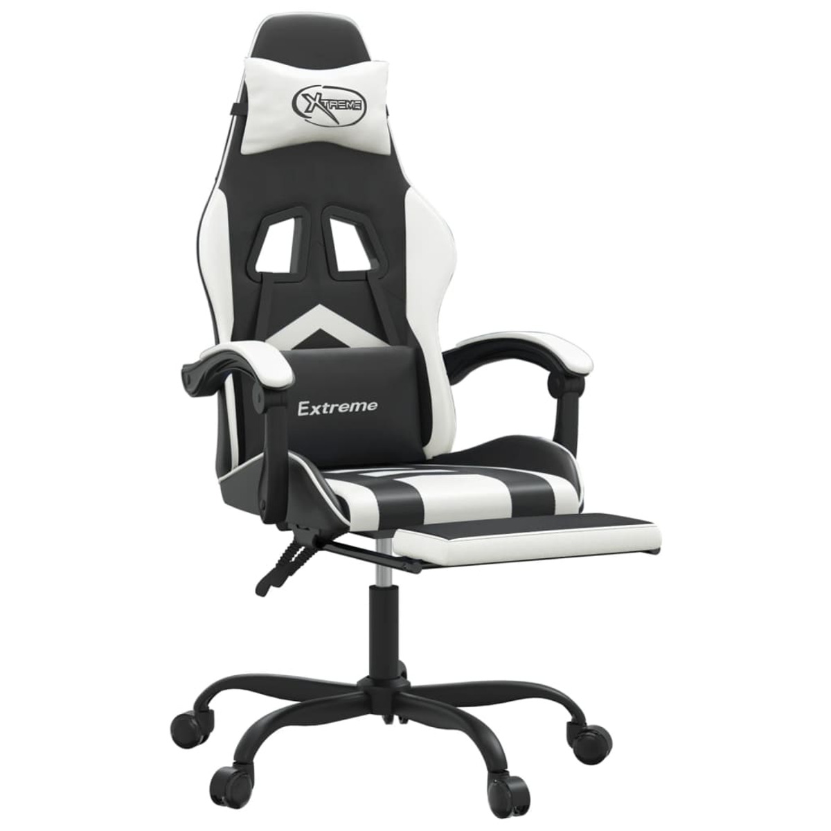 Schwarz-weißer Gaming-Stuhl mit Fußstütze, Kopfstütze und dem Wort 'Extreme'.