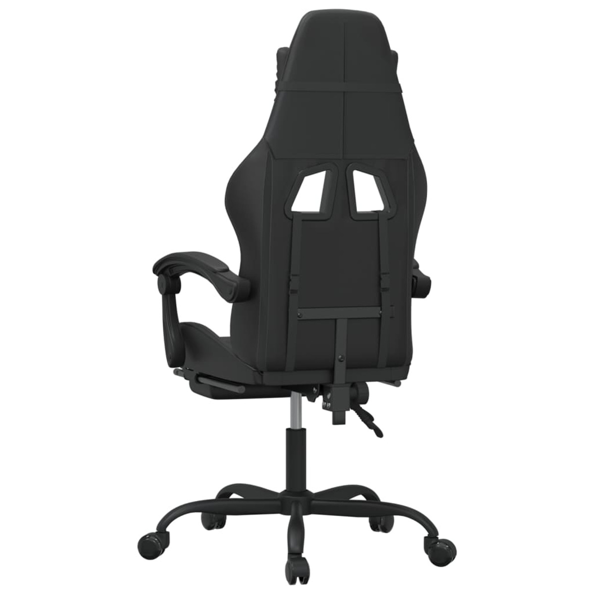 Schwarzer Gaming-Stuhl, Rückansicht, mit Rückenlehne und verstellbaren Armlehnen, schwarze Räder.