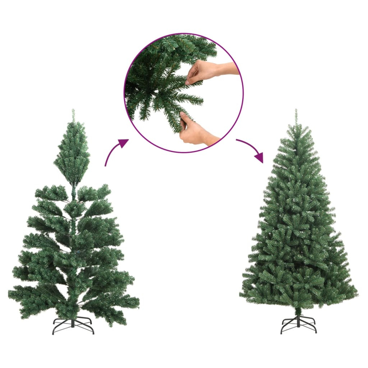 Weihnachtsbaum wird zusammengebaut. Hände befestigen einen Ast. Zwei Bäume werden gezeigt, einer ist fertig.