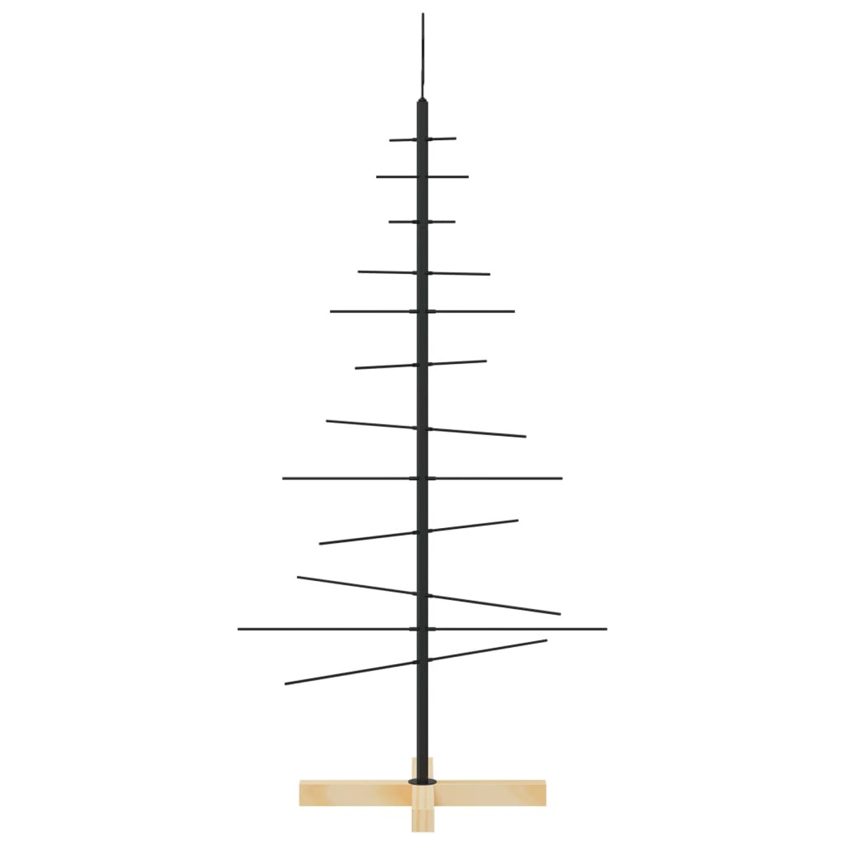 Schwarzer Weihnachtsbaumrahmen aus Metall. Dünne, horizontale Stangen bilden die Baumform.