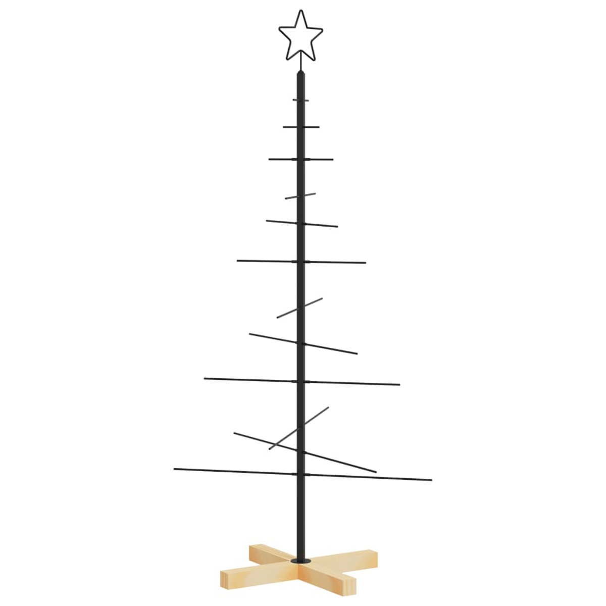 Ein Weihnachtsbaum aus Metall mit Stern oben und Holzfuß. Schwarz und beige.