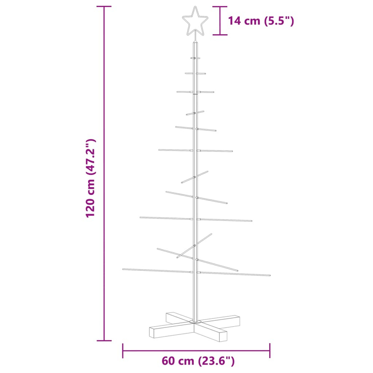 Ein metallischer Weihnachtsbaum mit Maßangaben. Er hat einen Stern oben und mehrere horizontale Regale. Der Baum steht auf einer Basis.