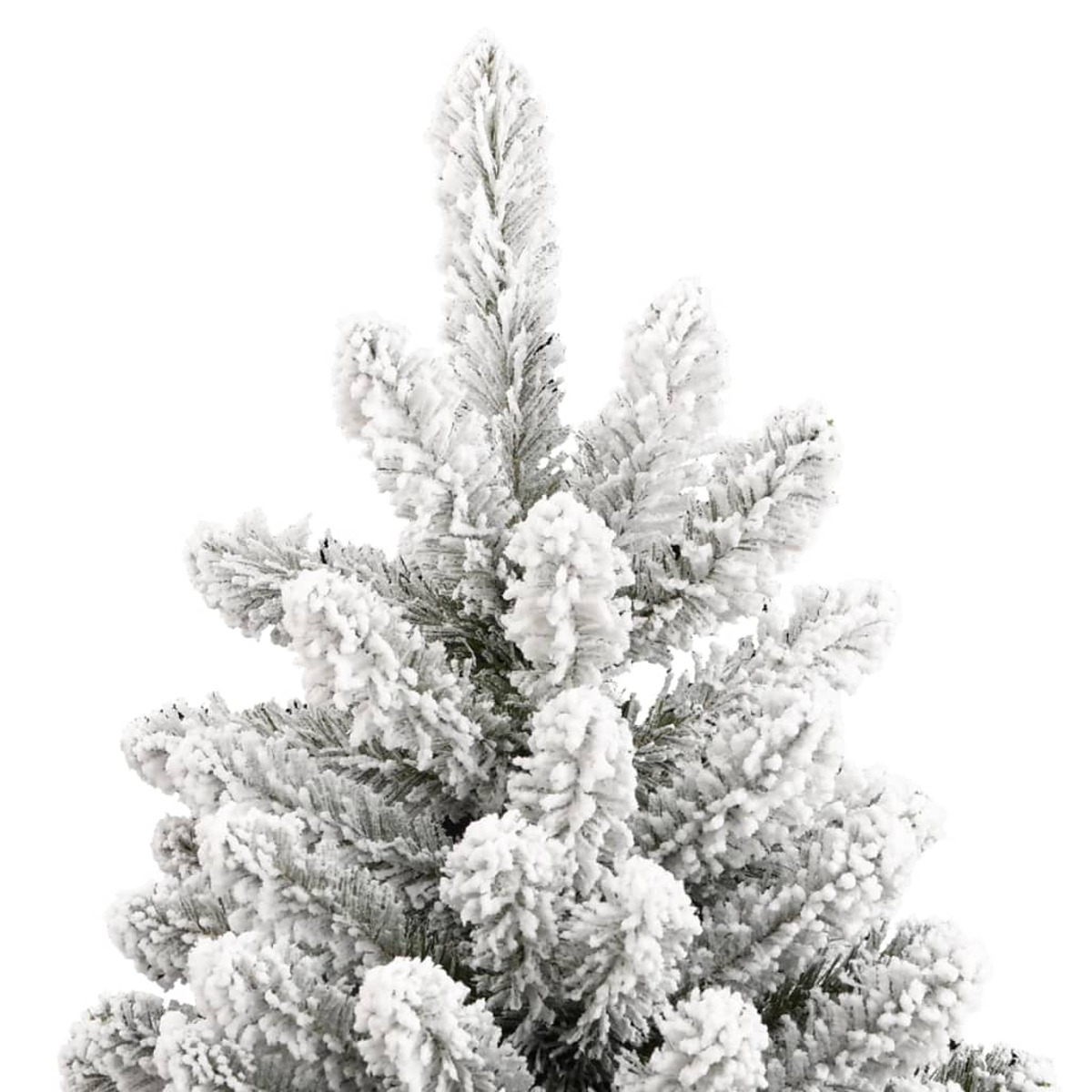 Nahaufnahme von weißen und grünen künstlichen Weihnachtsbaumzweigen mit Schneeeffekt.