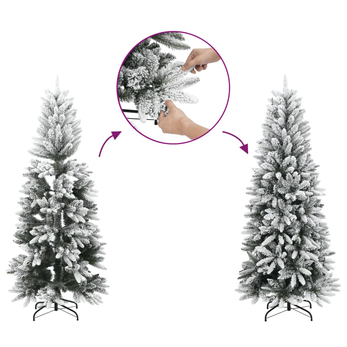 Zwei künstliche, schneebedeckte Kiefern, eine wird zusammengebaut.