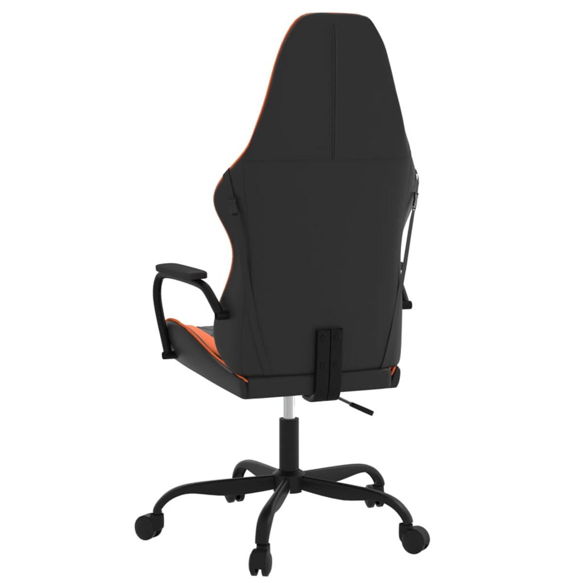 Rückansicht eines schwarz-orangen Gaming-Stuhls mit schwarzem Gestell und Rollen, vor weißem Hintergrund.
