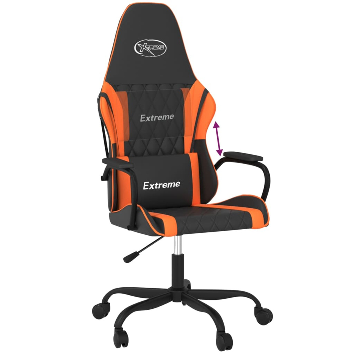 Ein schwarz-oranger Gaming-Stuhl. Er hat Armlehnen und eine Kopfstütze. Der Stuhl ist verstellbar.