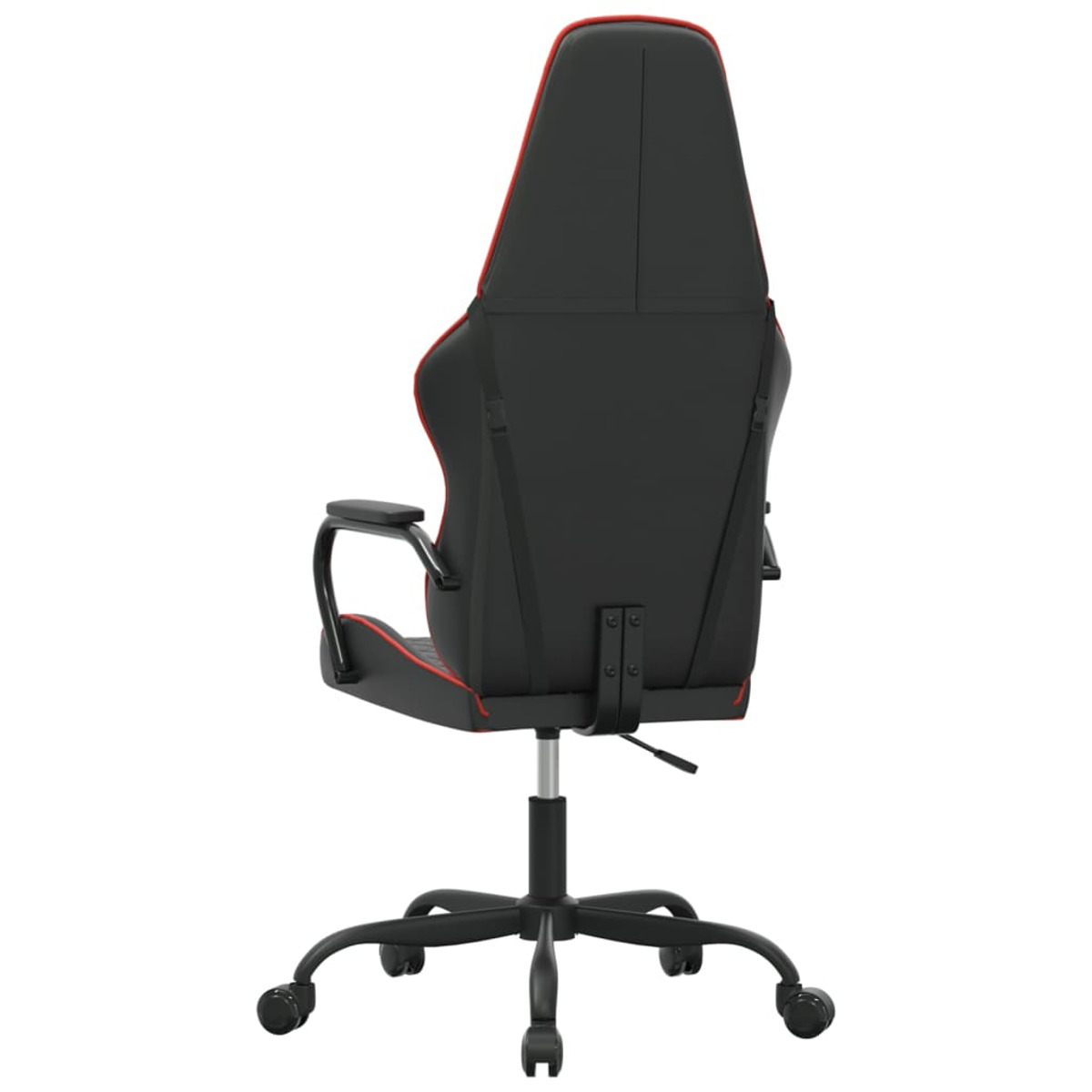 Schwarzer und roter Gaming-Stuhl, Rückansicht. Schwarze Basis mit Rädern. Rote Akzente auf der Rückenlehne.