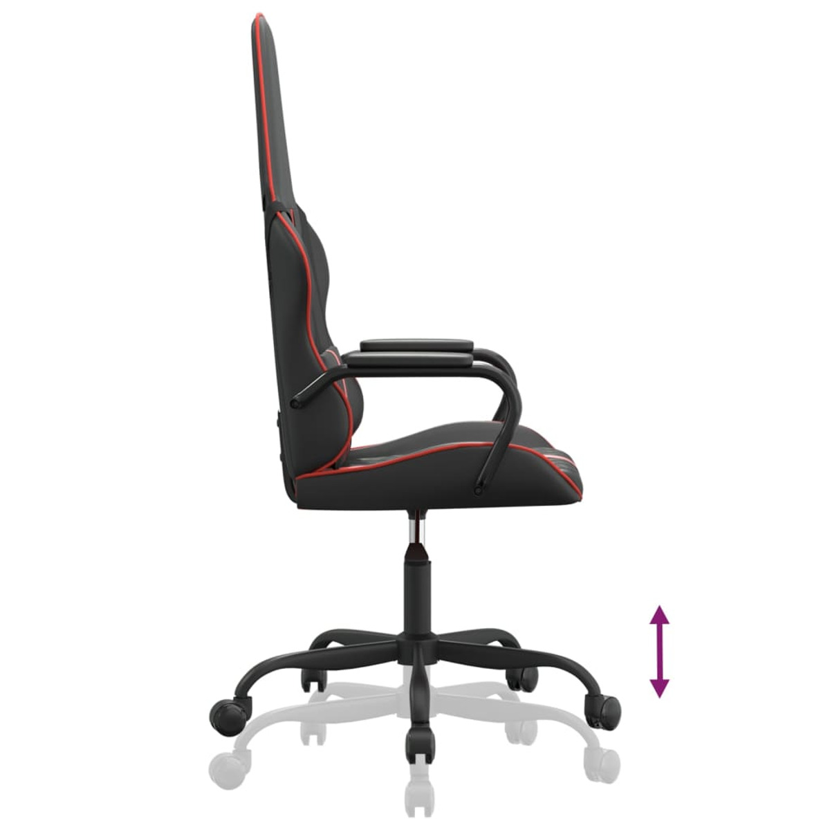 Schwarzer Gaming-Stuhl mit roter Zierleiste, Seitenansicht, Höhenverstellungs-Pfeil sichtbar.