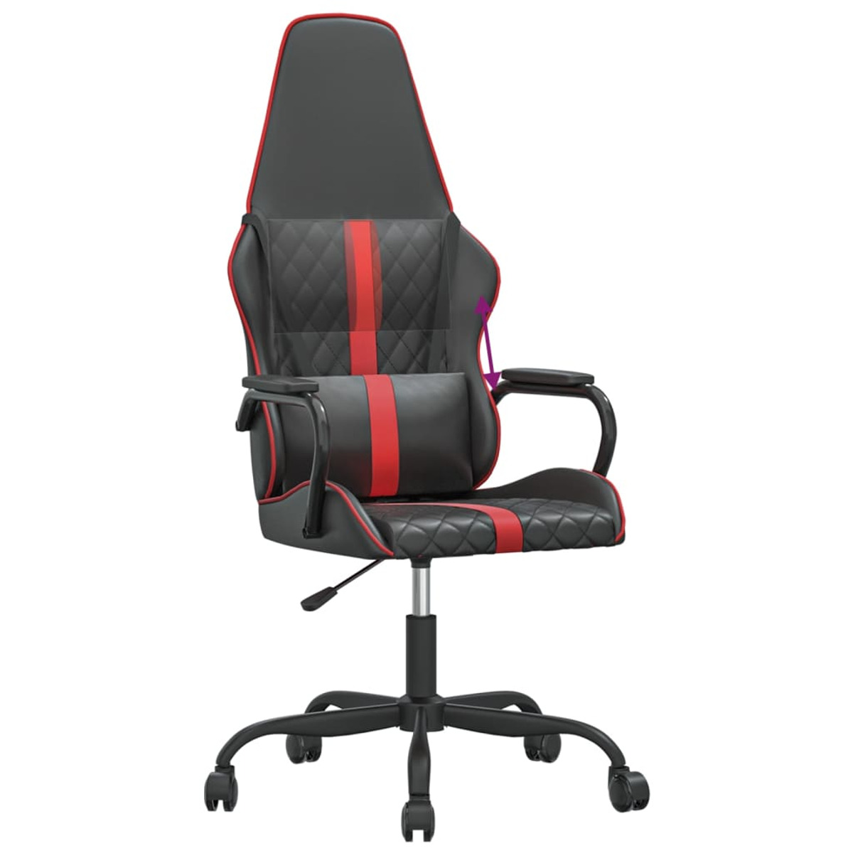 Schwarzer und roter Gaming-Stuhl mit Kopfstütze und Armlehnen. Der Stuhl steht auf schwarzem Gestell.
