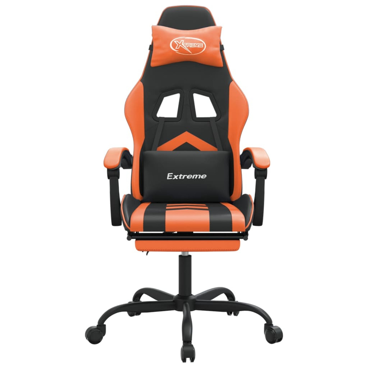 Gaming-Stuhl in Schwarz und Orange, Vorderansicht, auf weißem Hintergrund. Mit Kopf- und Fußstütze.