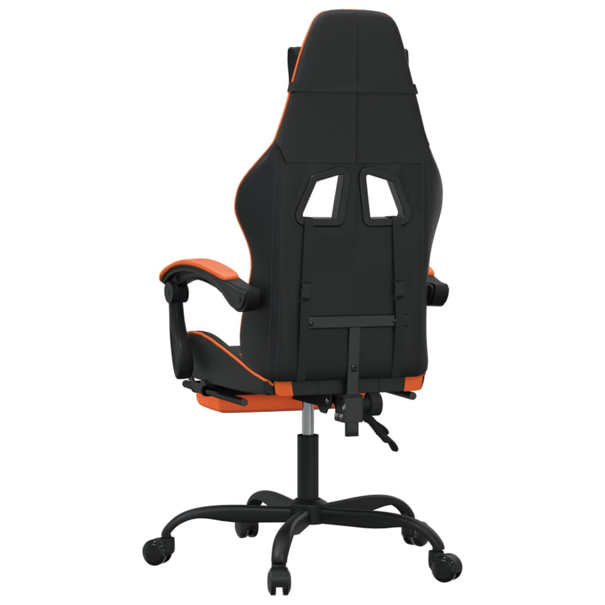 Schwarzer und orangefarbener Gaming-Stuhl, Rückansicht. Der Stuhl steht auf einem schwarzen Untergestell mit Rollen.
