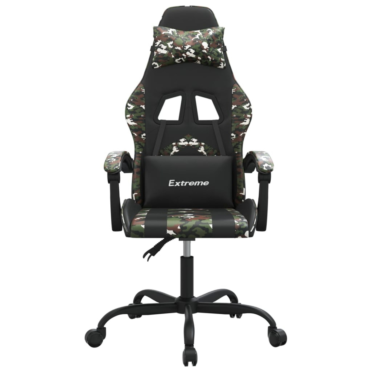 Ein Gaming-Stuhl mit Camouflage-Muster. Er hat eine schwarze Rückenlehne und Kopfstütze mit 'Extreme' auf dem Sitz.