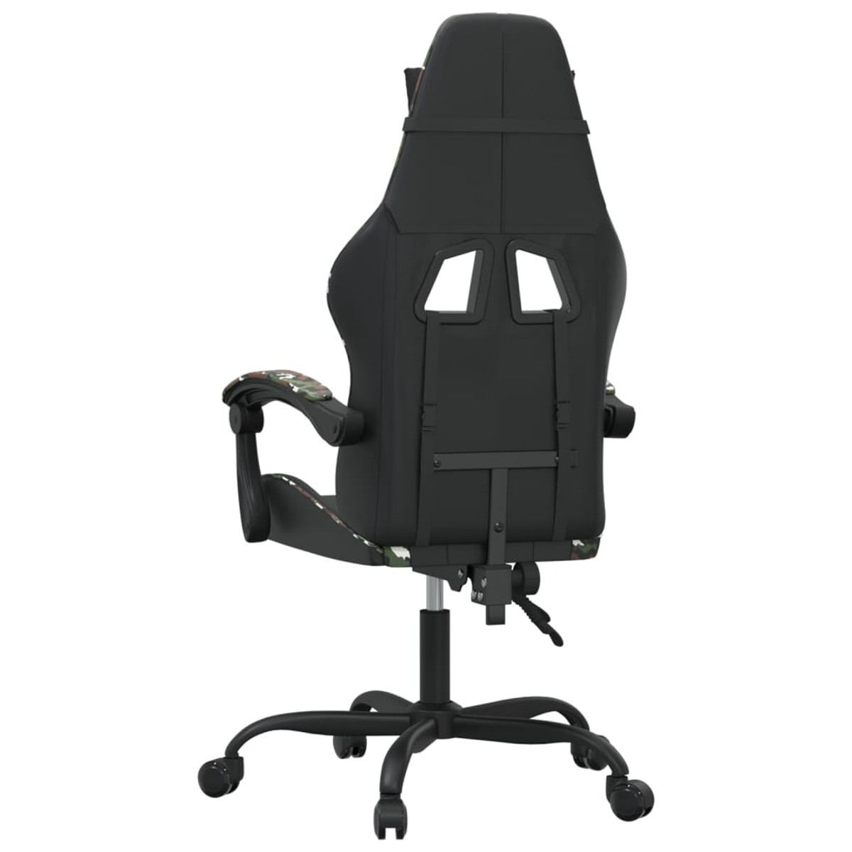 Gaming-Stuhlrücken. Schwarz mit Camo-Akzenten. Rollfuß. Sichtbare Anpassungen.