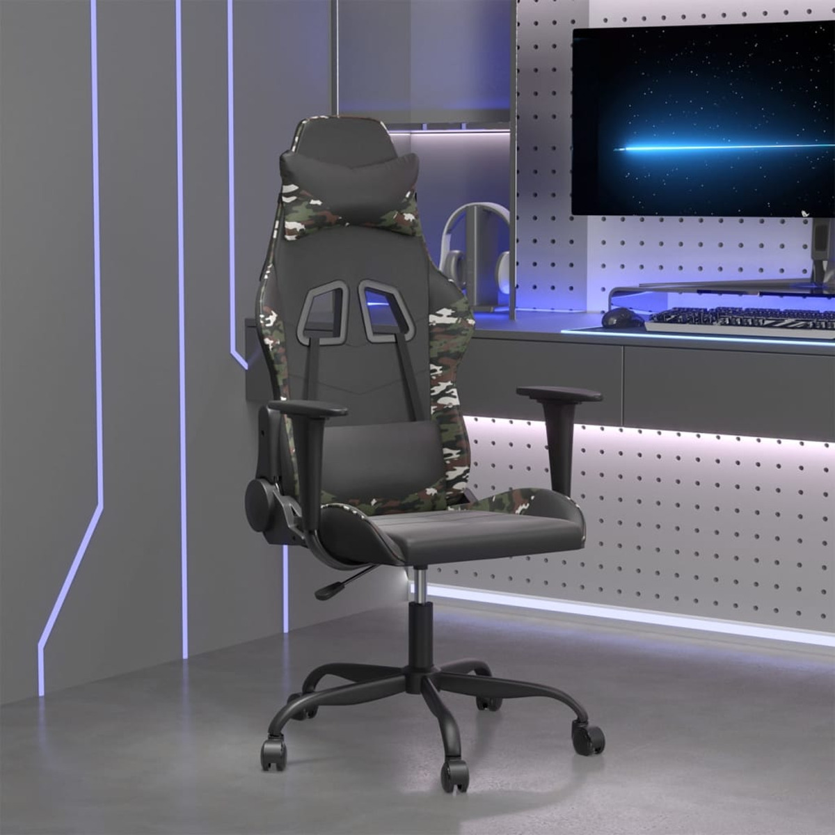 Ein schwarzer und Camouflage Gaming-Stuhl in Innenräumen.