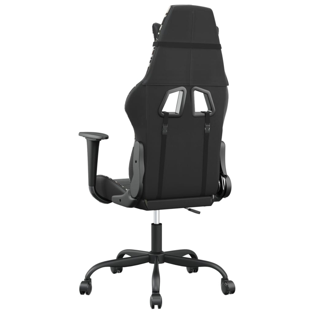 Ein schwarzer Gaming-Stuhl von hinten gesehen. Er hat eine Kopfstütze und Armlehnen. Das Gestell hat Rollen.