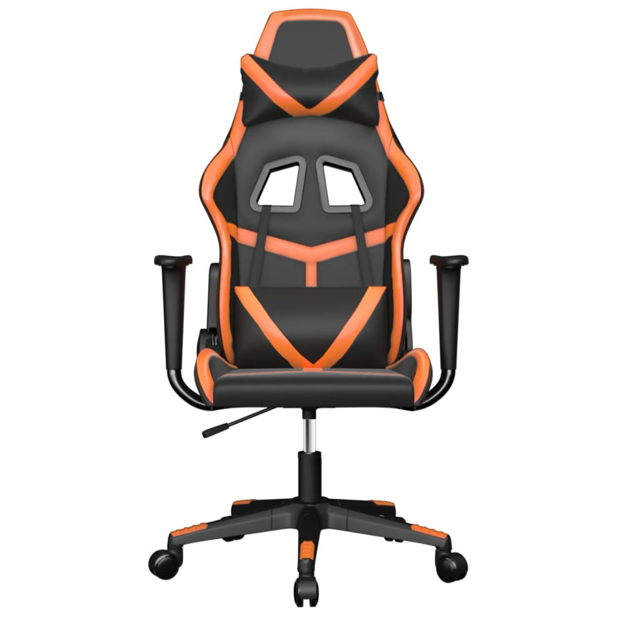 Gaming-Stuhl, schwarz mit orangefarbenen Akzenten. Hoher Rücken, Kopfstütze, Armlehnen und Räder. Vorderansicht.