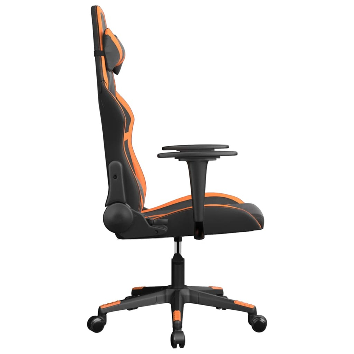 Ein orange-schwarzer Gaming-Stuhl, Seitenansicht.